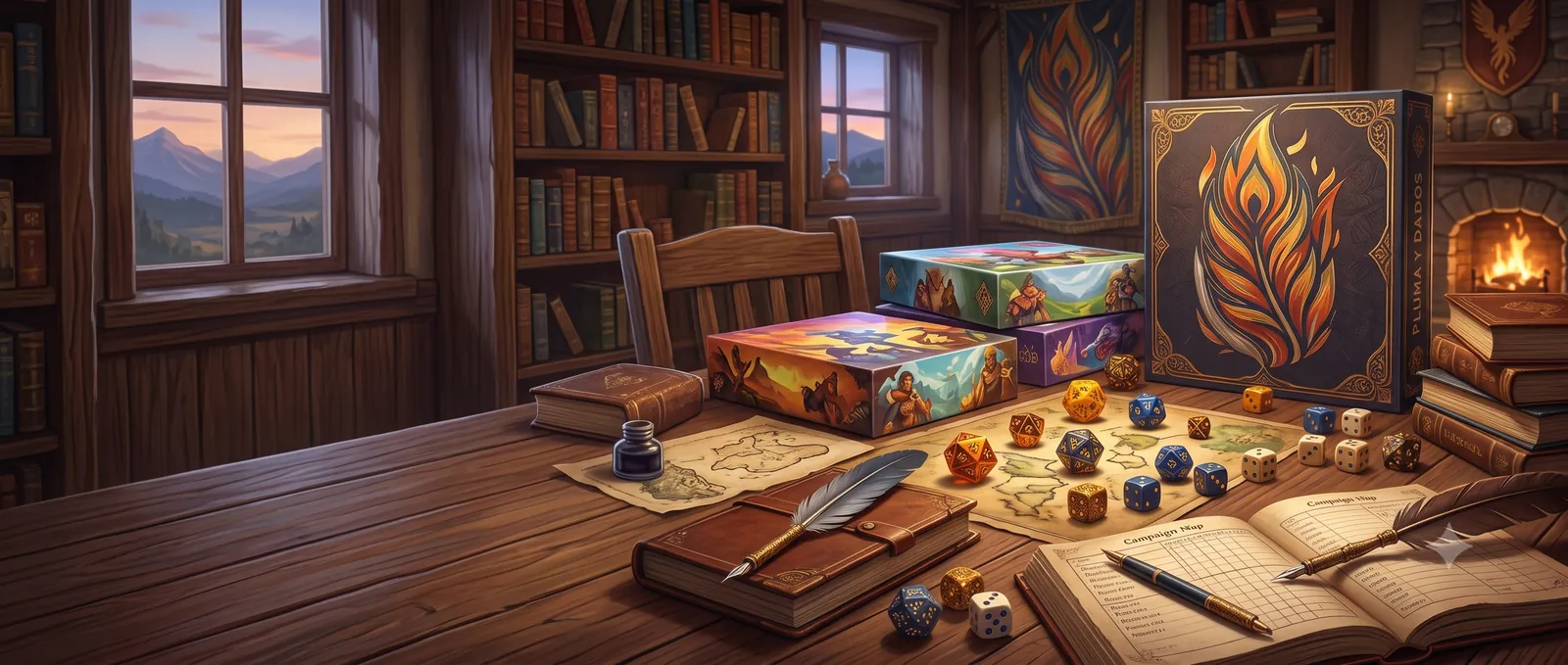 Mesa de madera con cajas de juegos, dados, libros y una pluma junto a la chimenea